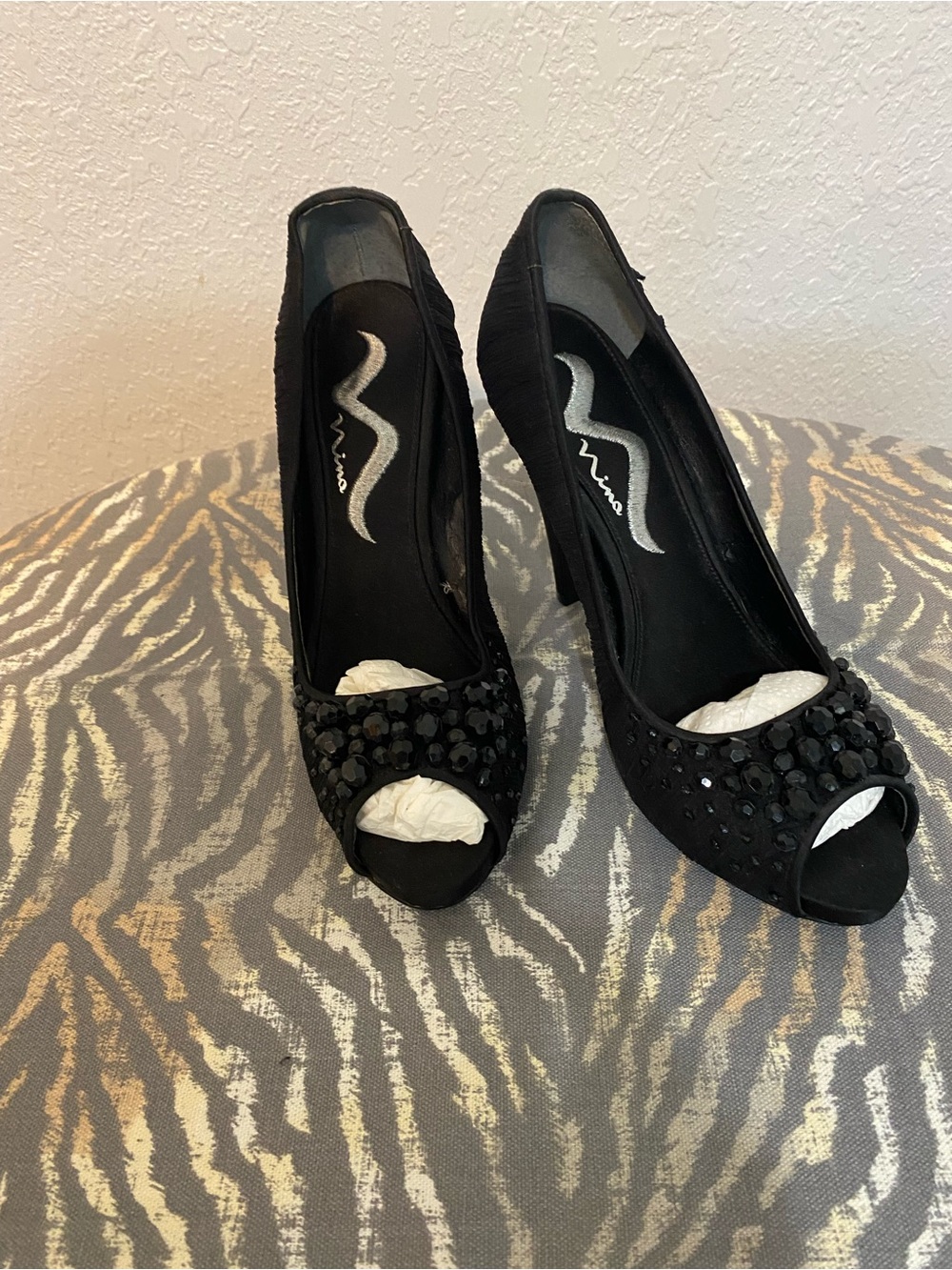 Nina Black Sequin Peep-Toe High Heels
